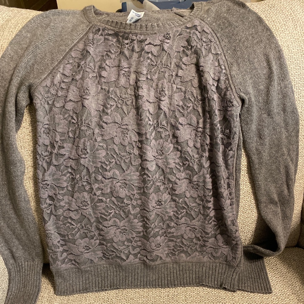 Grey sweater with lace overlay